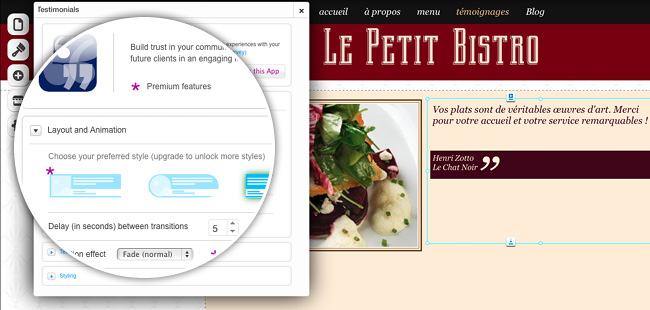 éditeur WIx: Application testimonial