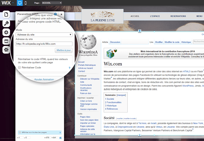 Page Wikipédia Wix sur un site