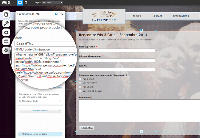 Code Wufoo sur un site Wix