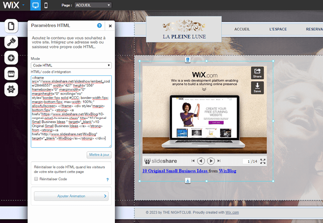 Présentation en ligne intégrée sur un site WIx