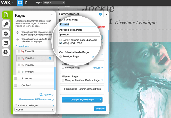 Cacher des pages du menu
